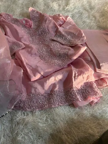 Luxury Russian Silk Pakistani Stitched Farshi Salwar 3 Pcs _ Pink 